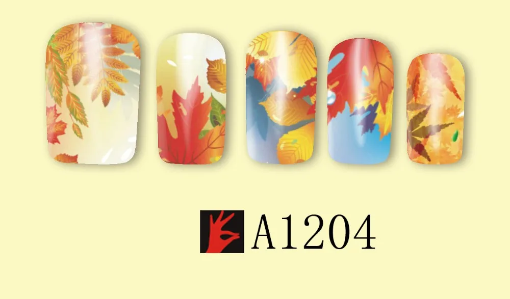 12 дизайнов, осенний кленовый лист, ландшафтный дизайн, переводные наклейки для ногтей, водные переводные наклейки, Полное Обертывание, кончики для ногтей, Декор, LAA1201-1212