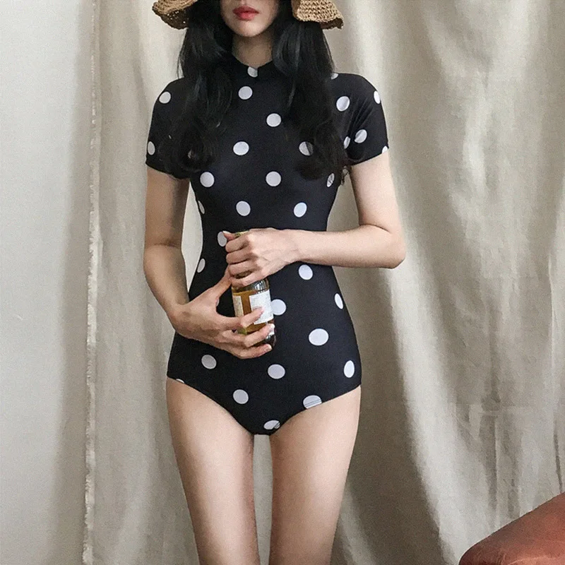

Swimwear women polka dot short sleeve swimsuit triangle conjoined spa swim suit Bikinis Set bikini set