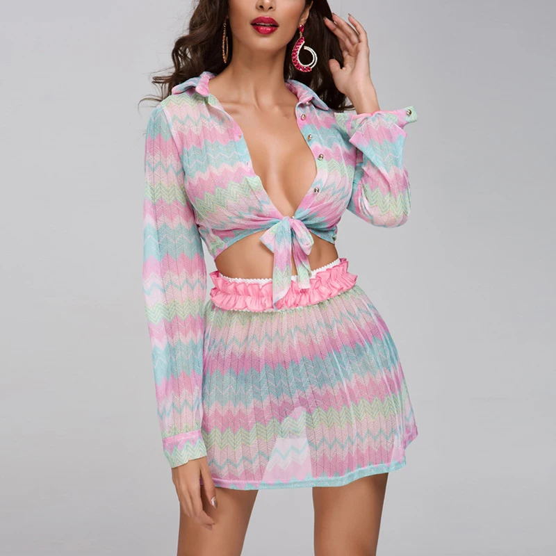 

Summer Deep V Neck Lacing Crop Top + Printing Skirts Women Sets Summer Casual Long Sleeve Tops Skirts Two Piece Set Suit Set