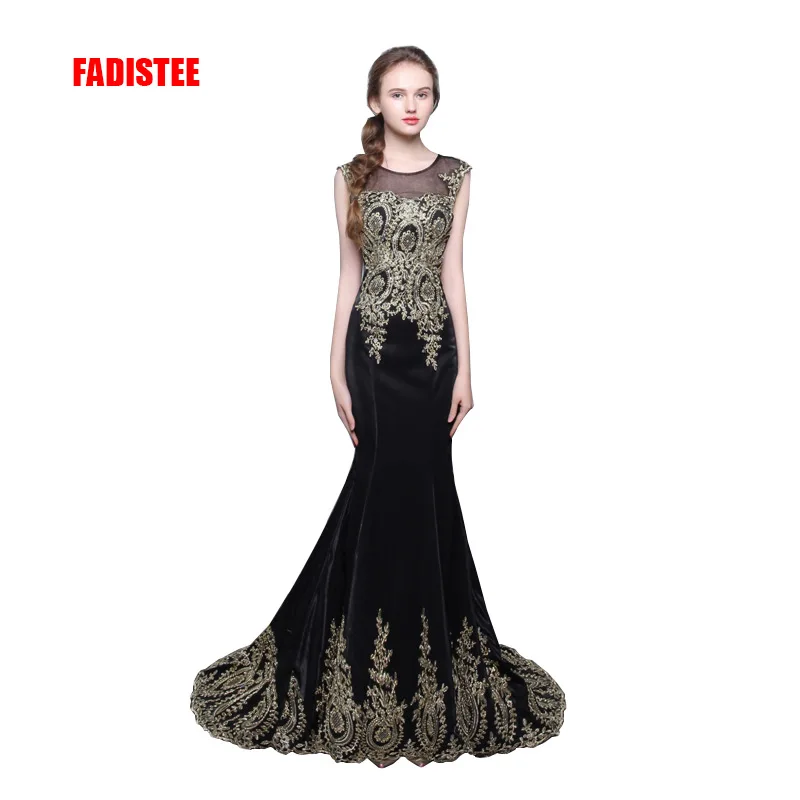 

FADISTEE evening party prom dress Vestido de Festa gold appliques mermaid sweep train black long style dress sweep train