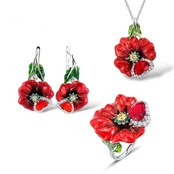 

Buyee 100% 925 Sterling Silver Flower Wedding Jewelry Sets Women Red Stone and Customized Handmade Enamel Ring for Women Jewelry