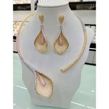GODKI Flower Leaf Wreath Luxury 2 Tone Women Wedding Naija Bridal Cubic Zirconia Necklace Dubai Dress Jewelry Set