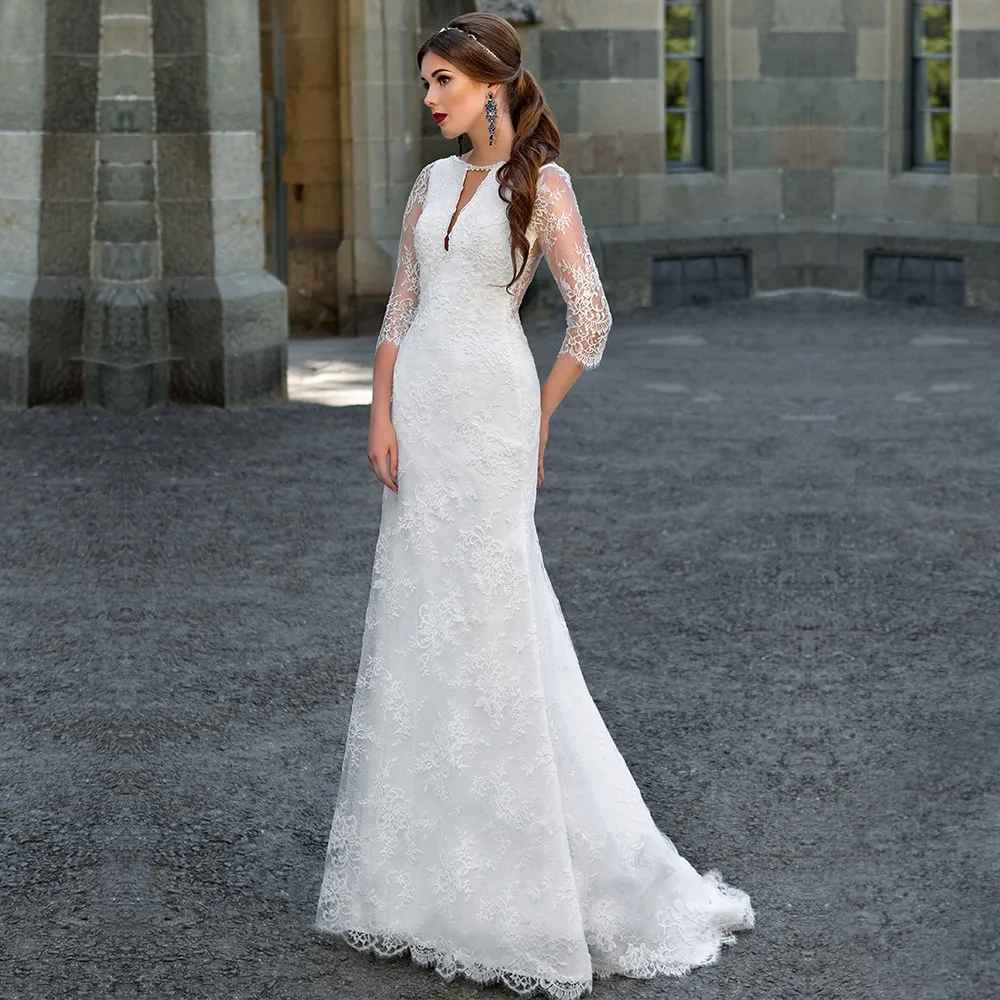 Mermaid White Lace Wedding Dresses With Half Sleeves V Nckline