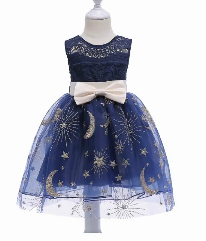 

Girl Princess Dress Lace Hollow Out Glitter Star Moon Navy Party Dress Children Clothing 3-9 Years J2584