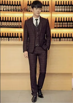 

Gwenhwyfar Suit Men 2018 New Burgundy Slim Fit Groom Wedding Dress Tuxedos Men's Formal Prom Suits Business Blazer Vest Pants