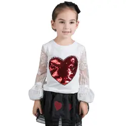 Футболка с длинными рукавами для девочек топы Демисезонный сердце Блестки Детские хлопковые футболки с кружевом для девочек Костюмы DQ880