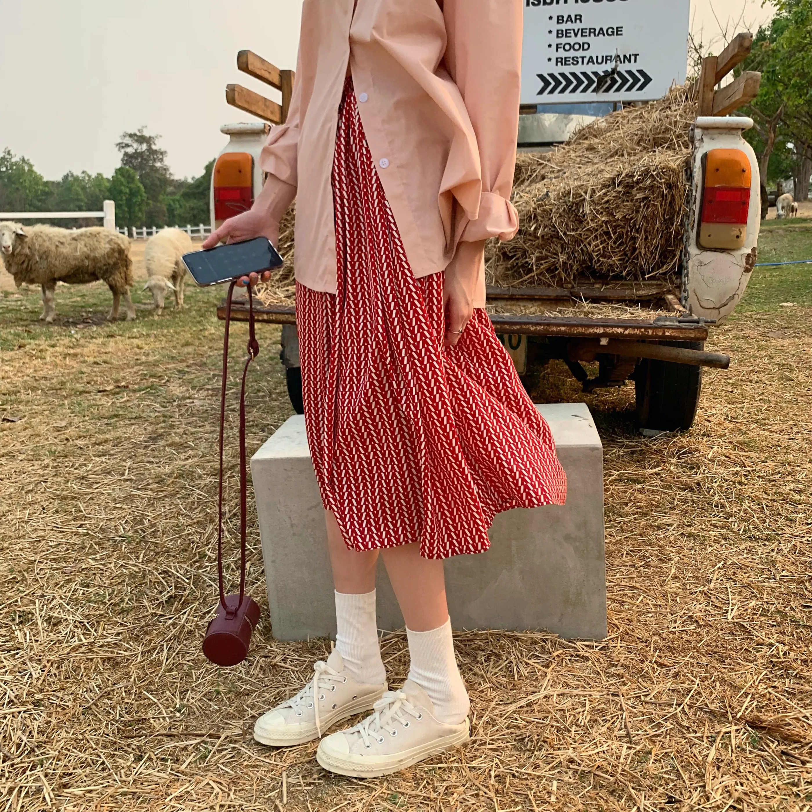 

Korean Vintage Boho Style Summer Thin High Waist Elastic Waist Long Skirts Red Stripe Pleated Midi Skirt Womens