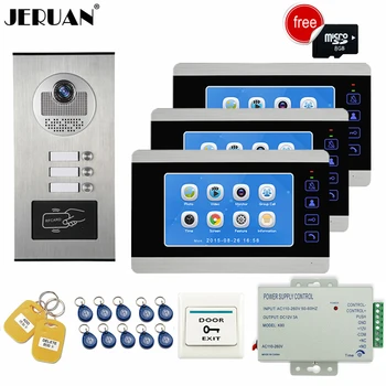 

JERUAN Apartment 7 inch Video Doorbell Door Phone Video/Voice Record Intercom system Kit HD RFID Access Camera For 3 Household
