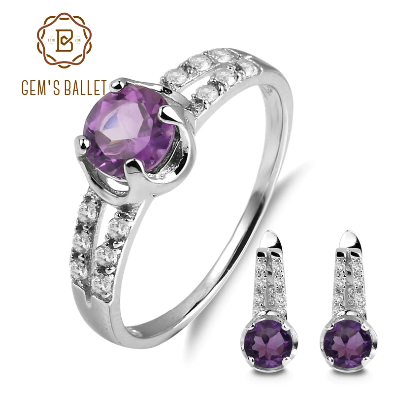 

GEM'S BALLET 2.44ct Oval Natural Amethyst Jewelry Set 925 Sterling Silver Earrings Ring Set Gemstone Jewelry For Women