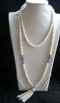

08149 freshwater pearl white round &amethyst hook pendant necklace 48"