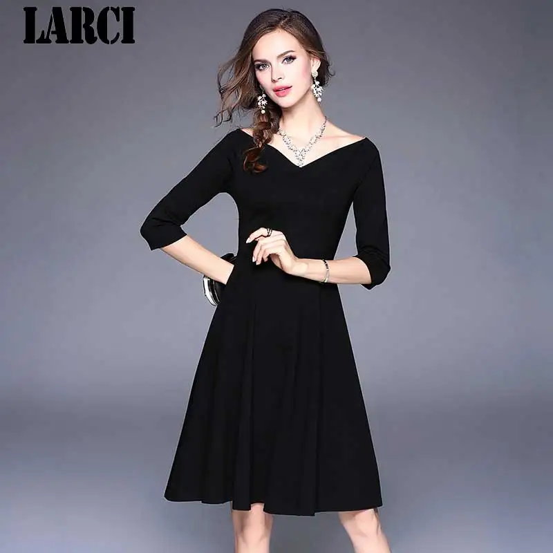 LARCI Office Little Black Dress Woman Dress 2018 autumn V Neck Midi ...