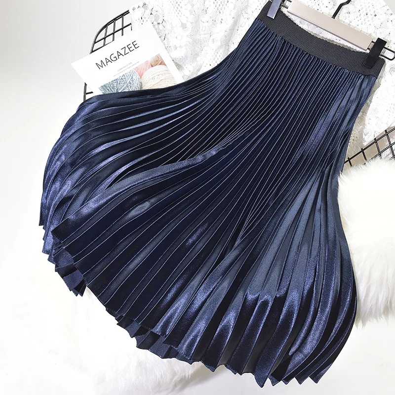 Женская атласная плиссированная юбка Шикарная высокая талия Длинная летняя приталенная Новое поступление эластичные юбки для девочек формальная элегантная уличная Вечерние - Цвет: Navy Blue