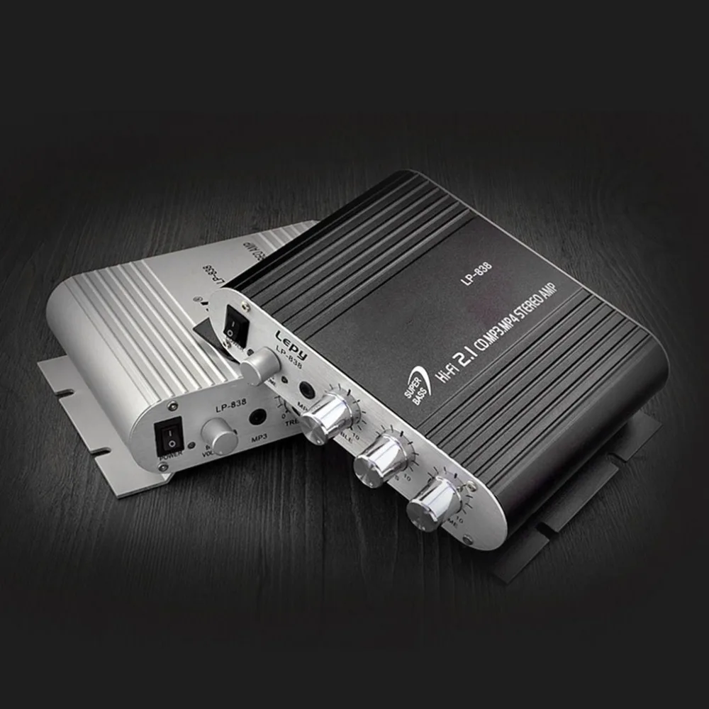 Новинка LP-838 портативный усилитель мощности Hi-Fi 2,1 MP3 радио аудио стерео бас динамик усилитель плеер для домашнего автомобиля Мотоцикл серебро
