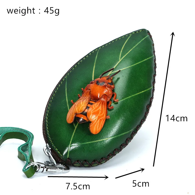 Ручной работы растительного дубления кожа Монета браслет кошелек насекомое и сумка с рельефом из листьев в форме листьев сумки мультфильм ноль кошелек ремесла