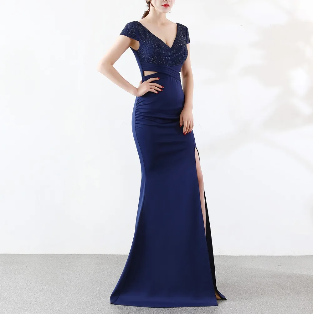 Solovedress Prom Dress Mermaid Бисер с разрезом на ноге прорезью официальное свадебное платье Кепки рукава с глубоким v-образным вырезом платье с