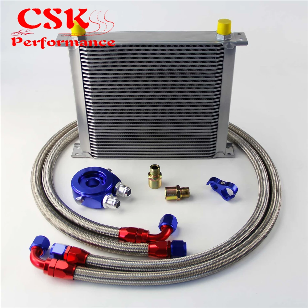 

AN10 34Row 248mm Universal Engine Transmission Oil Cooler British Type + Aluminum Filter Hose End Kit Blue/Black