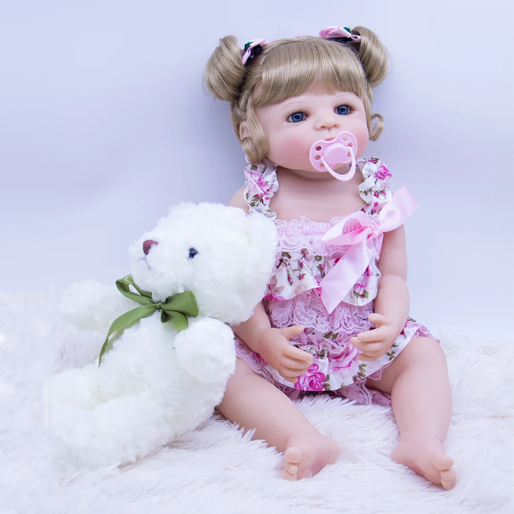 

55cm Realistic silicone reborn baby dolls blond hair with bear plush doll gift fashion bebe reborn bonecas for girls bath toy