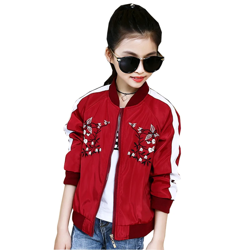 

Kids Embroidered Baseball Jackets For Girls Floral Print Coats 4 5 6 8 9 10 12 Years Cotton V-Neck Girls Outerwear Children Tops