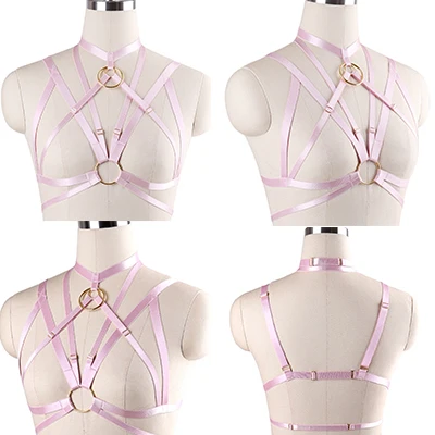 Дизайн розовый воротник бантик Жгут Бюстгальтер Kawaii Открытая грудь Связывание клетка для тела пастельный Готический пояс для тела - Цвет: O0589