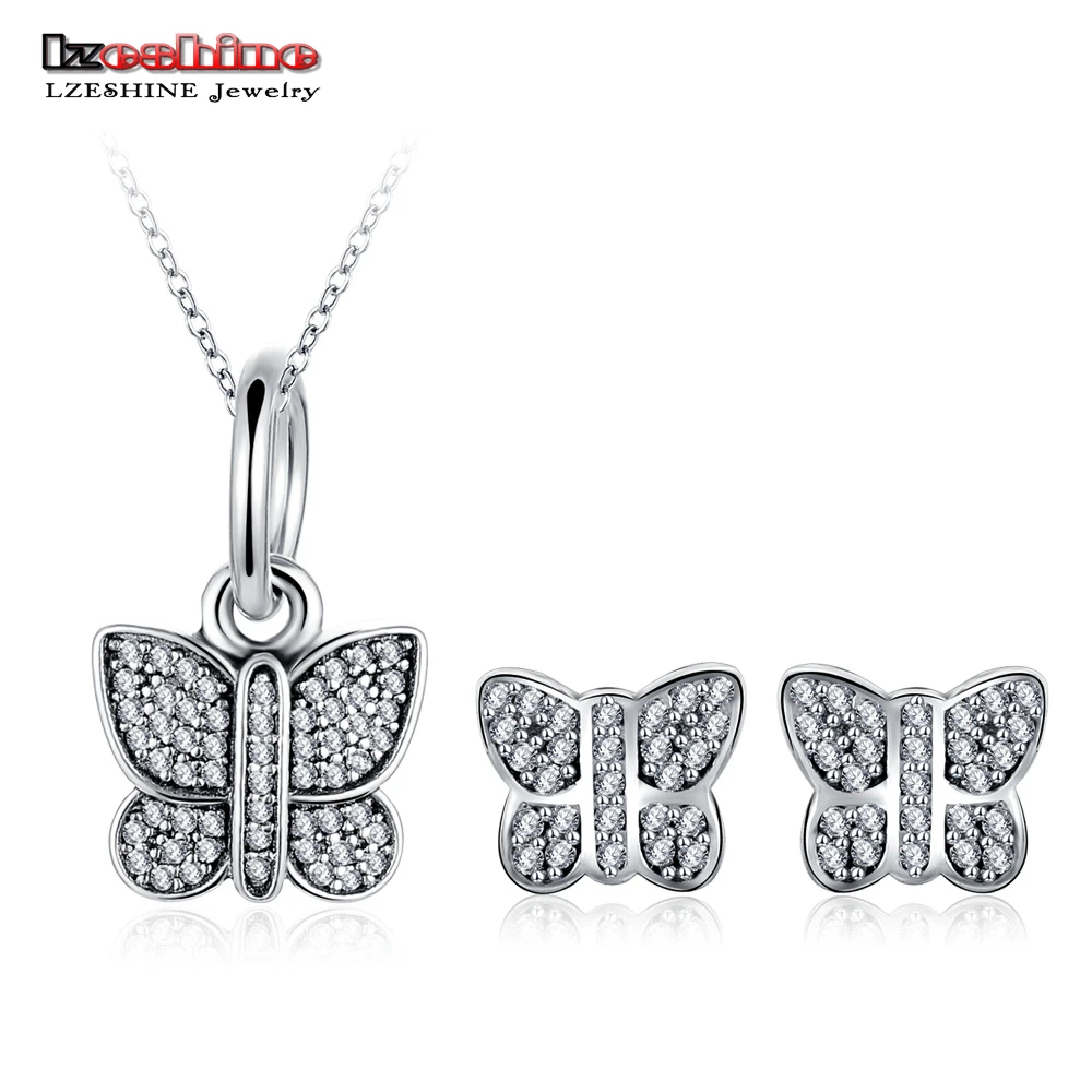 LZESHINE New Trendy Butterfly Jewelry Sets Silver Color With Clear CZ Stud Earrings Pendant Set Fashion for Women | Украшения и