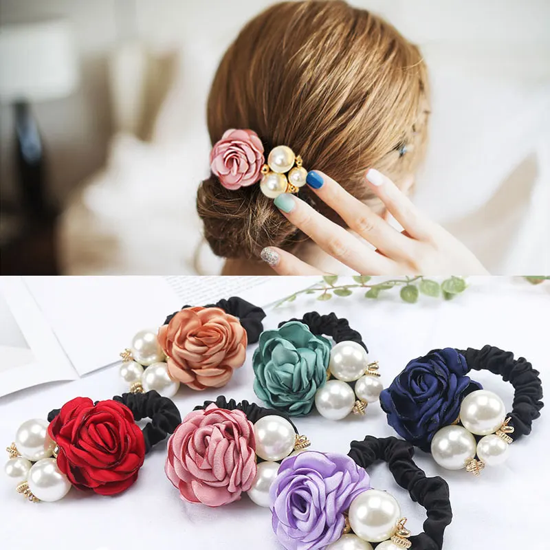 

M MISM Flower Imitation Pearl Elastic Hair Bands For Women Girls Hair Accessories Rubber Band Gum Bezel Scrunchy