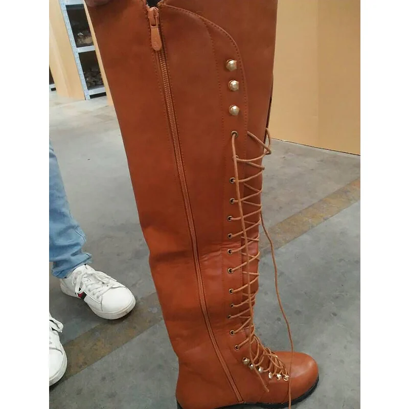 Женская обувь весенне-осенние Удобные однотонные высокие сапоги с перекрестной шнуровкой, большой размер 43 женские ботфорты выше колена с круглым носком Дамская суперзвезда
