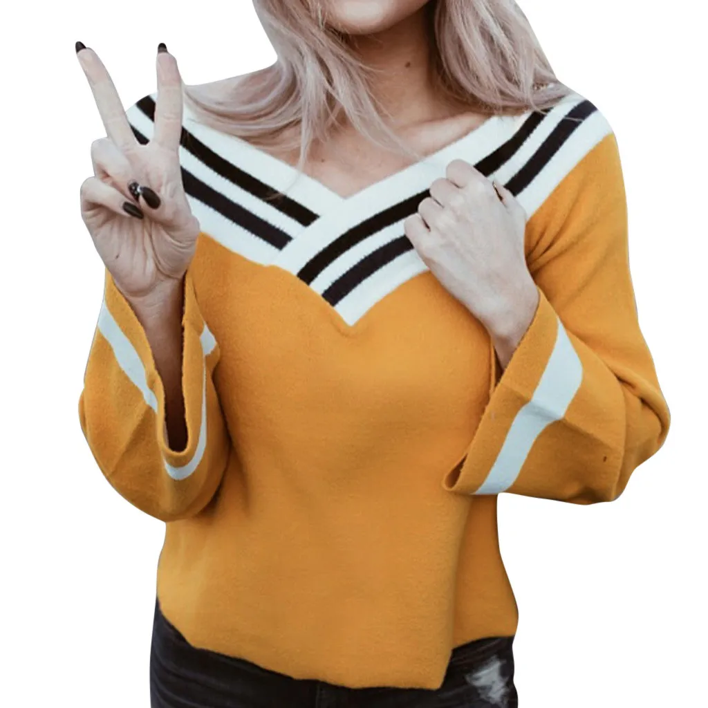 

2019 V Neck Striped Women Sweaters Pullovers Loose Knitted Autumn Winter Clothing Casual Pullovers sueter mujer New z0710