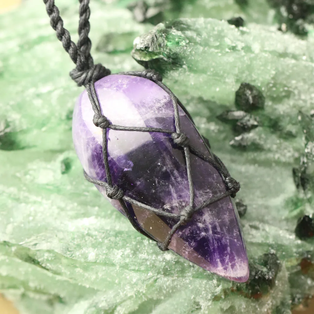 Handmade Hemp Necklace Natural Stone Pendant Macrame Wire Wrap Jewelry For Dropship 30*52mm