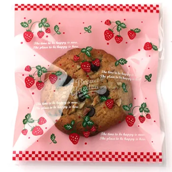 

100pcs Classic Strawberry Party Cookies Biscuits Bags Self-adhesive Wedding Cellophane Bag Cake Candy Gift Bags