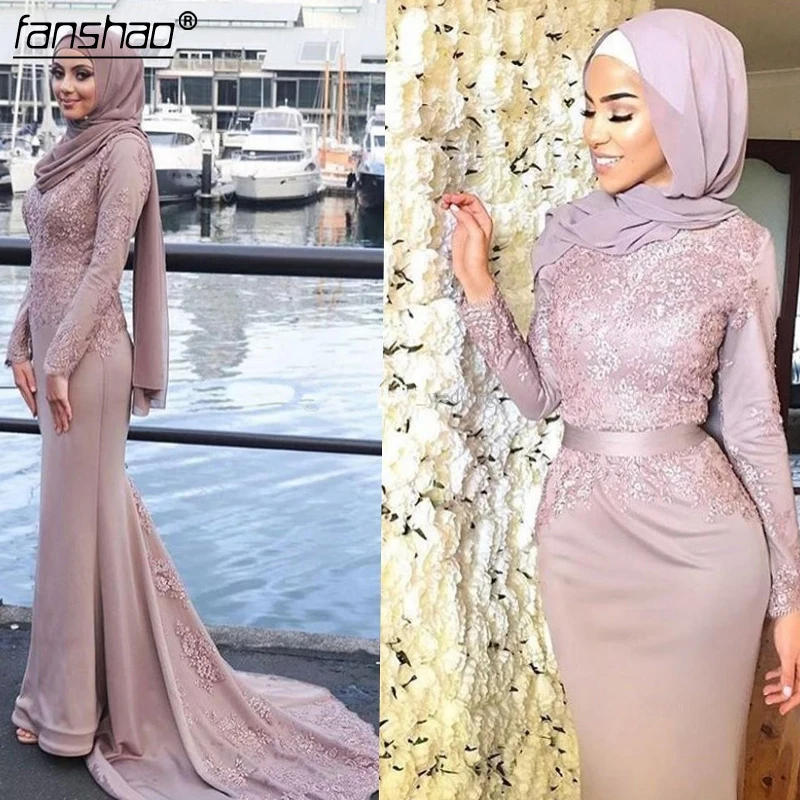 

Formal Muslim Evening Dresses Scarf 2019 Mermaid Long Sleeves Appliques Islamic Dubai Saudi Arabic Long Elegant Evening Gown