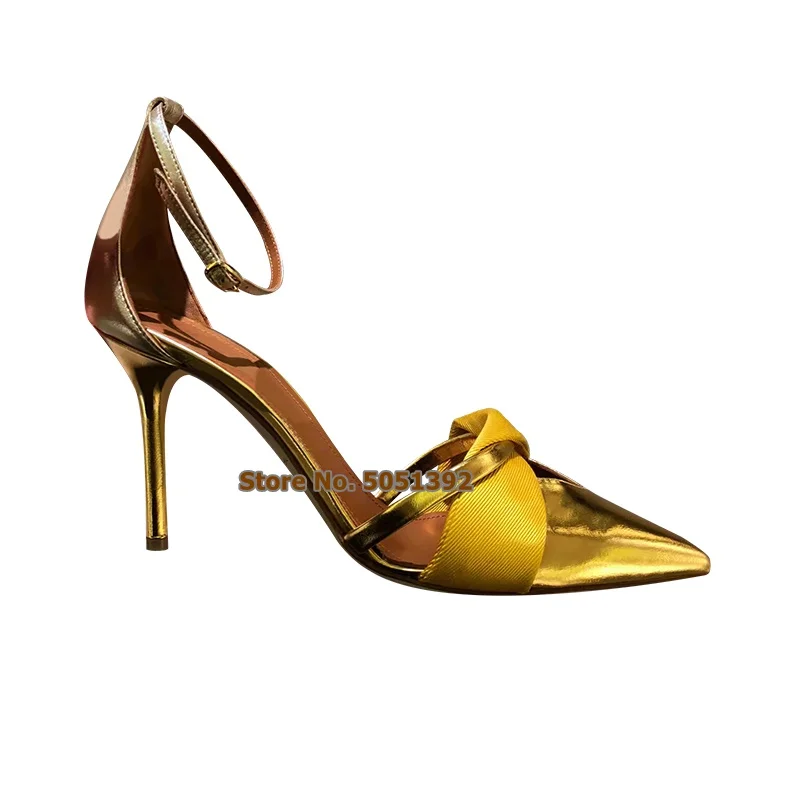 

High Heel Women Pointed-Toe Sandals Bowtie Patent Leather Ankle Wrap Butterfly-Knot Pumps Stiletto Elegant Shallow Shoes