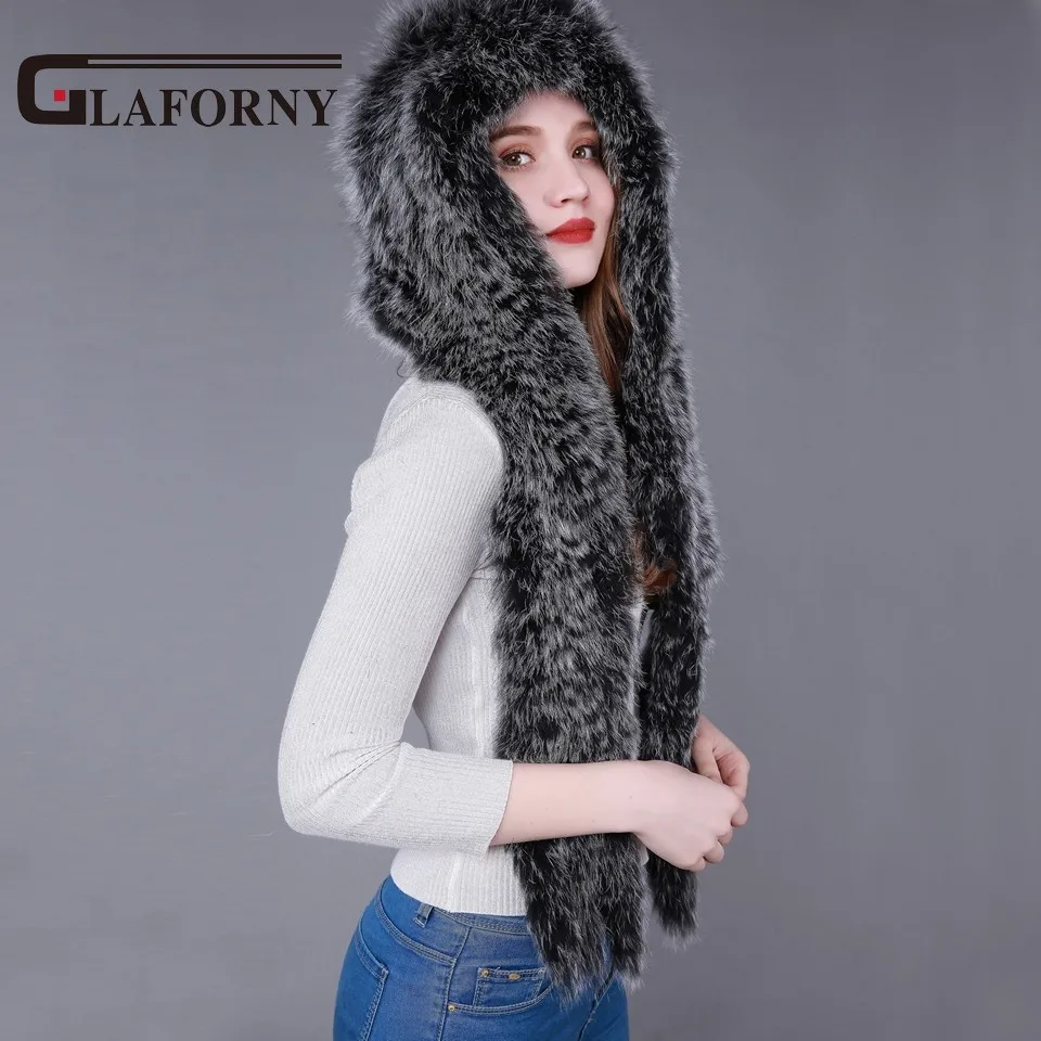 Goedkoop Glaforny 2018 Echte Gebreide Fox Fur Sjaal Hoed Vrouwen Winter Fashion Casual Knit Hooded Cap Russische Stijl Warme Bont Mutsen