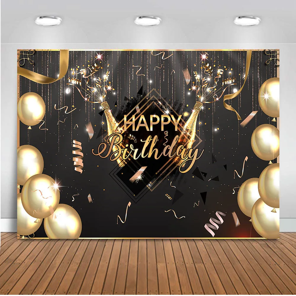 

Happy Birthday Balloons Champagne Graduation Party Backdrop for Photography Gold Decoration Supplies for Photographic Photo Prop