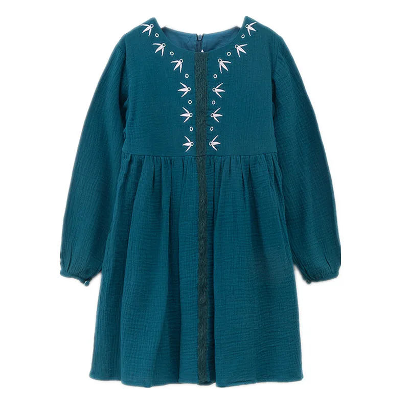 

4 to 14 years kids & teenager girls long sleeve embroidery foral flare cotton linen spring winter dress children clothing