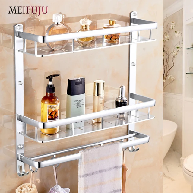 Online Meifuju New Aluminum Bathroom Shelf Black Gold Meifuju New Aluminum Bathroom Shelf Black Gold Shelves Rack With Hooks Single Dual Tier Wall Mounted Corner
