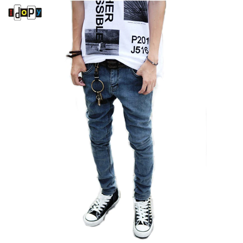 

Fashion Young Men`s Korean Style Jeans Vintage Aged Blue Stone Washed Tight Skinny Jeans For Youth