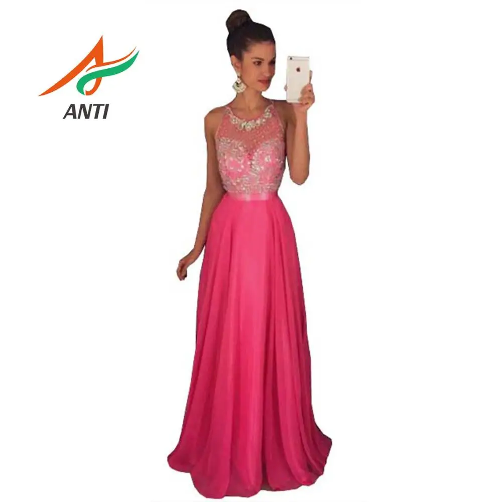 Pink color ANTI Graceful Ladies Pink Tulle Prom Dress Customized Applique A Line Scoop Neck Lace Prom Gowns With Bowknot Gala Jurken Custom - Цвет: Pink color
