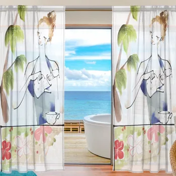 

Sheer Door Curtain Panels W55x L78 Inch/55xL84 Inch,Lady Teatime Polyester Fabric Window Curtains Voile Sheers 2 Panels Set