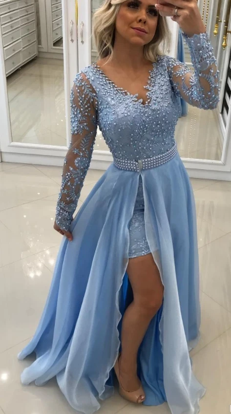 Long Tulle Chiffon Beaded Evening Dress 
