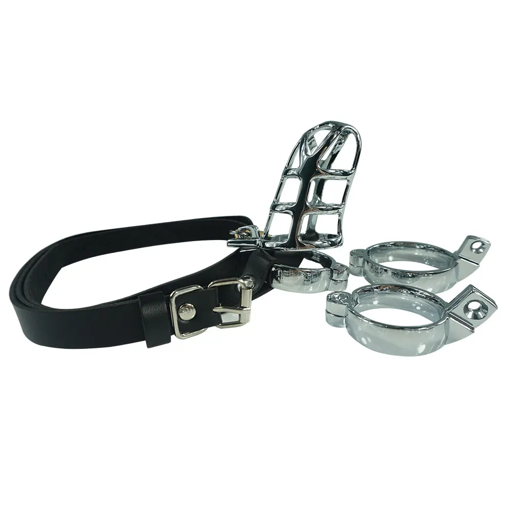 

Including 40mm 45mm 50mm 3 size ring metal male chastity device bondage cock cage penis lock with leather belt sex toys for men