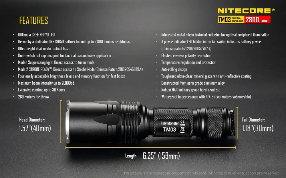 NITECORE TM03 4x CREE XHP70 светодиодный тактический фонарь 2800LM Перезаряжаемый 18650 аккумулятор охотничий прожектор