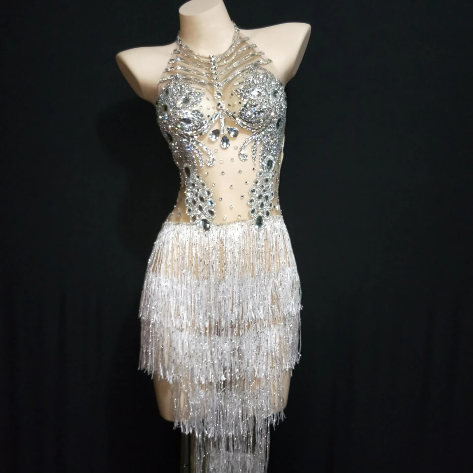 

Sexy Silver White Rhinestones Fringes Dress Women Singer Crystals Outfit Stage Wear Celebrate Bar Nightclub Dance Wear