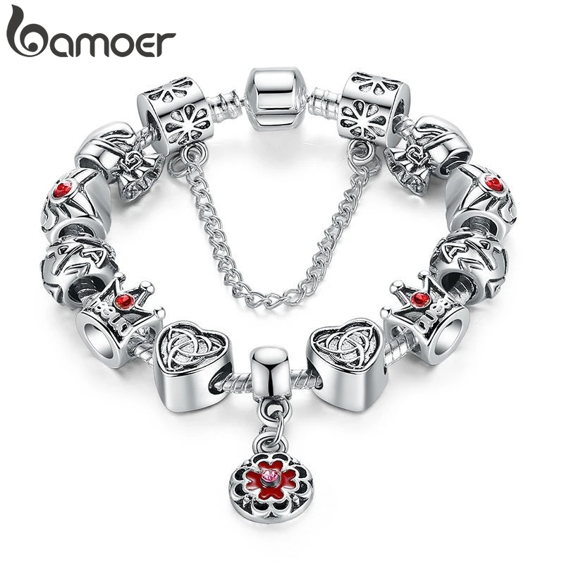 BAMOER خمر القلب ولي الخرزة سحر سوار الفضة للنساء الأصلي سلسلة أمان مجوهرات PA1430