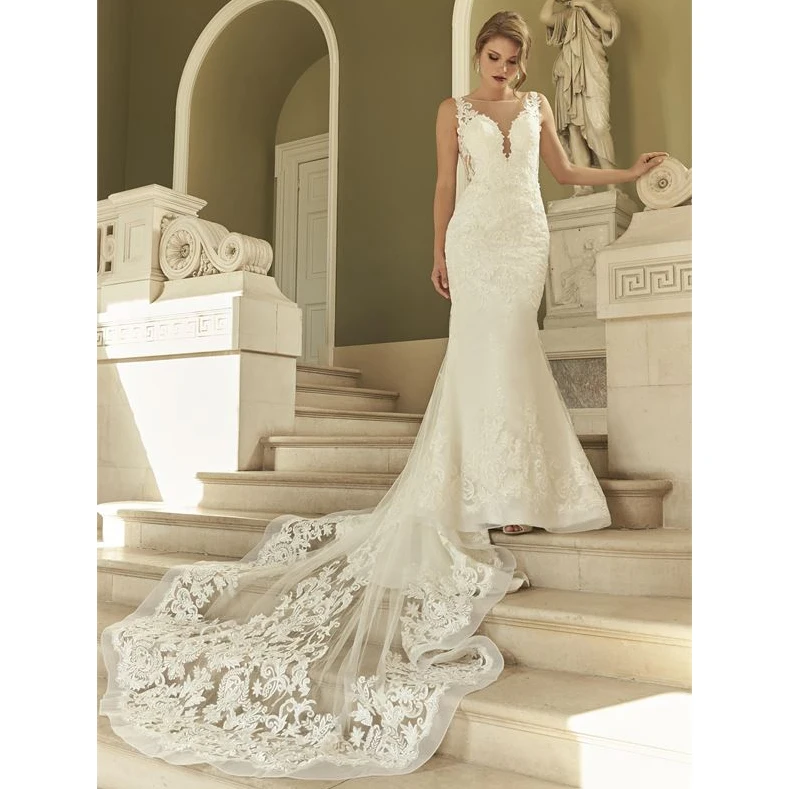 

Elegant Mermaid Boho Princess Wedding Dress Lace Appliques Vestidos De Noiva Long Train Bride Dress vestido de festa longo