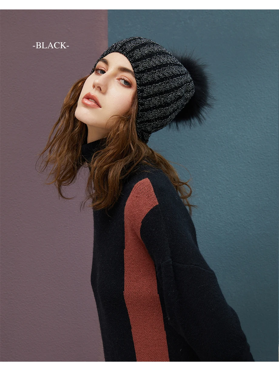 Winter Hats For Women Warm Beanie Real Fur Pompom Wool Hat Female Twist-Type Cap Bright Silk Beanies Women's Hat 5 Colors (9)
