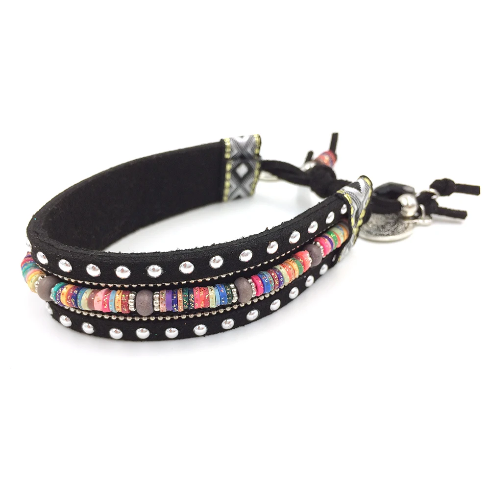 New European Jewelry Suppliers Handmade Black Leather Bracelet Bohemia Punk Bangle Bracelet