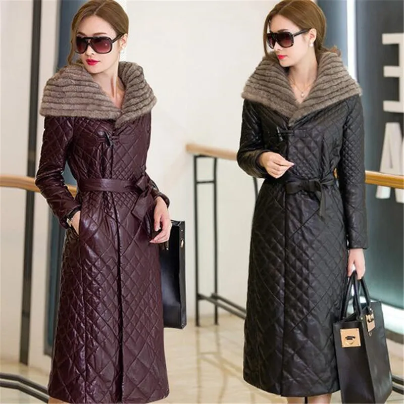 winter artificial sheepskin leather coat women slim jacket Long artificial mink fur collar Coats down jackets plus Sizes Q925
