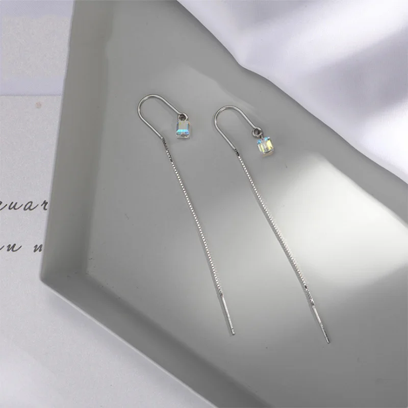 

925 Sterling Silver Cube Pendant Drop Dangle Earrings for Women Long Ear Line Chain Fashion Korean Jewellery Cute Fairy Ear Hook