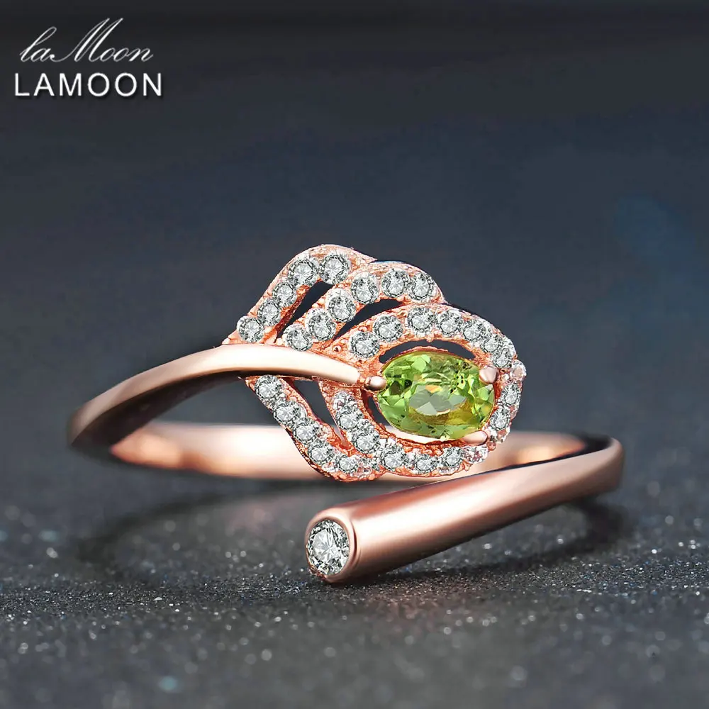 LAMOON 925 Sterling Silver Ring Classic Design Leaf 100% Natural Green Peridot Fine Jewelry Party Gift Rings For Women RI055