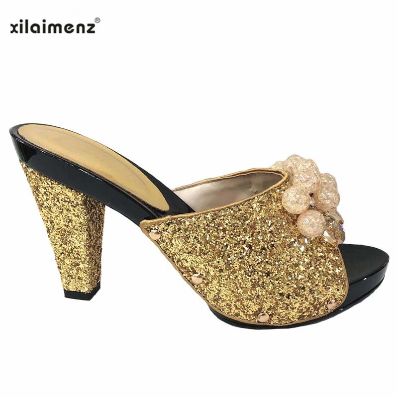 

Latest 2019 Gold Color Nigerian Sexy Ladies Italian Shoes Women Pumps Rhinestones Ladies Pumps African Sandal Shoes for Parties